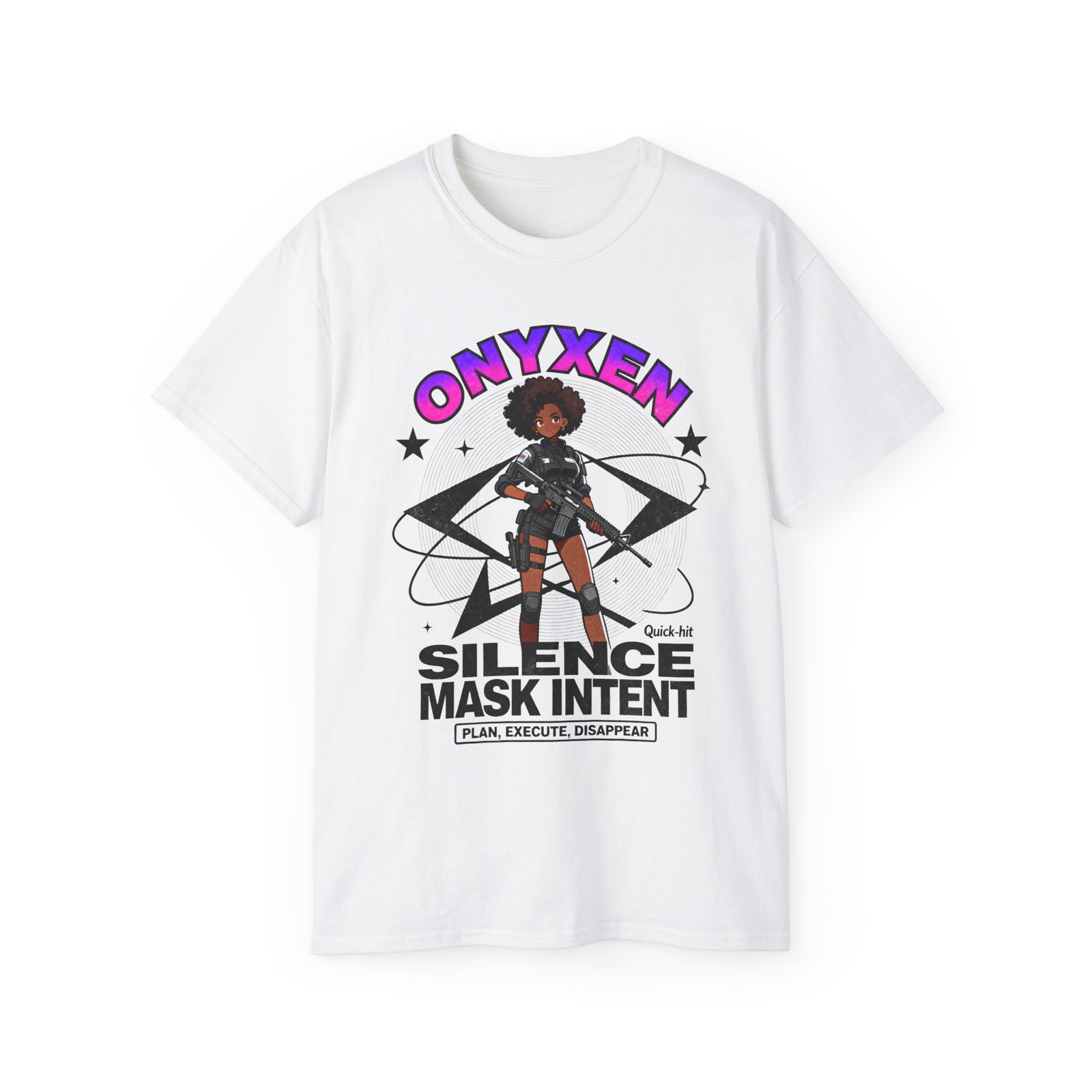 Black Anime Soldier Girl Tee - Silence Mask Intent